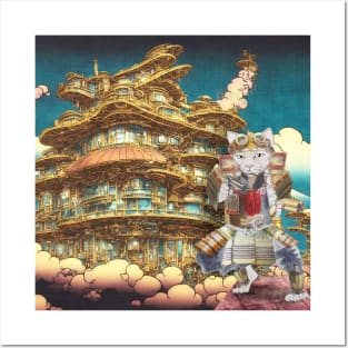 Steampunk Samurai Cat in Steampunk Japanese Royal Palace Posters and Art